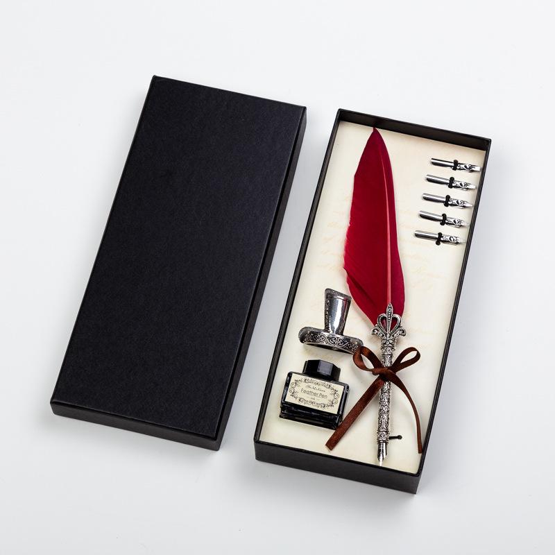 Goose Feather Pen Set with Carved Base and Stainless Steel Nibs - Unique Gift