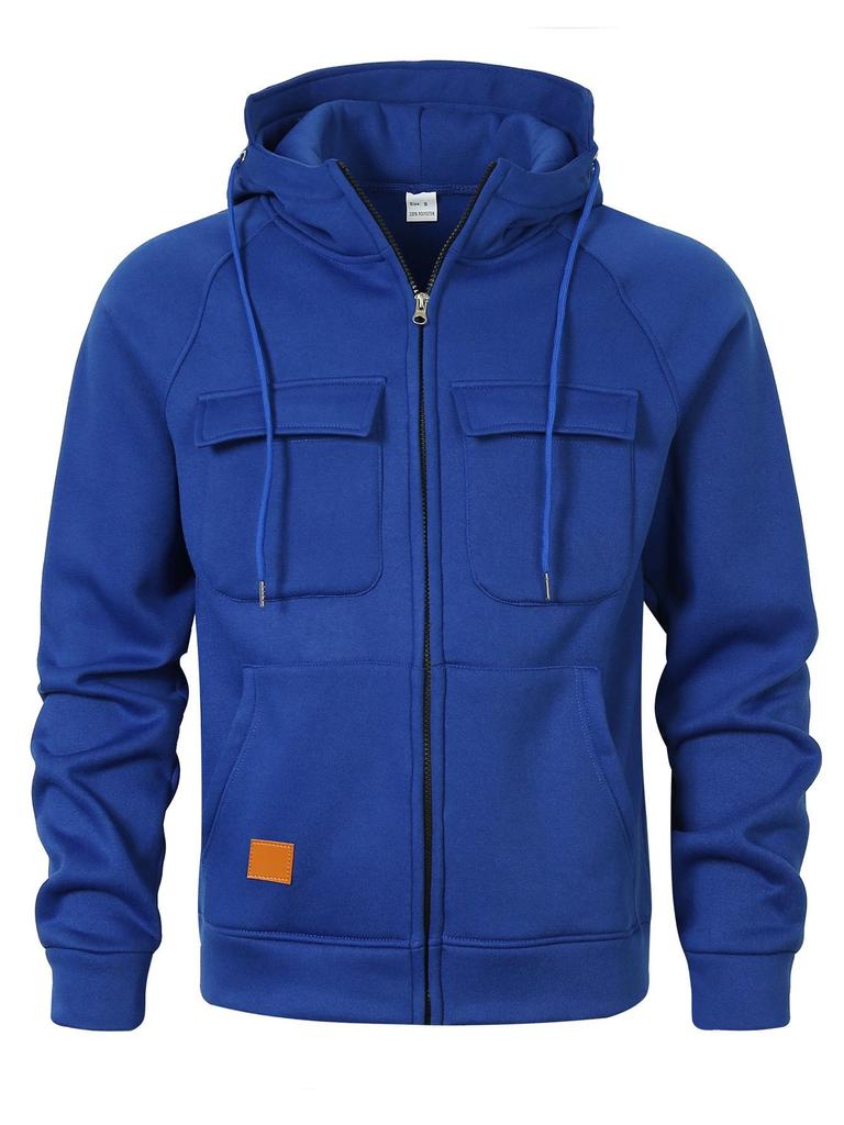 Men's Multi-Pocket Zip-Up Hooded Cardigan: European/American Style, Loose Fit, Stand Collar, Perfect for Spring, Autumn, Winter.