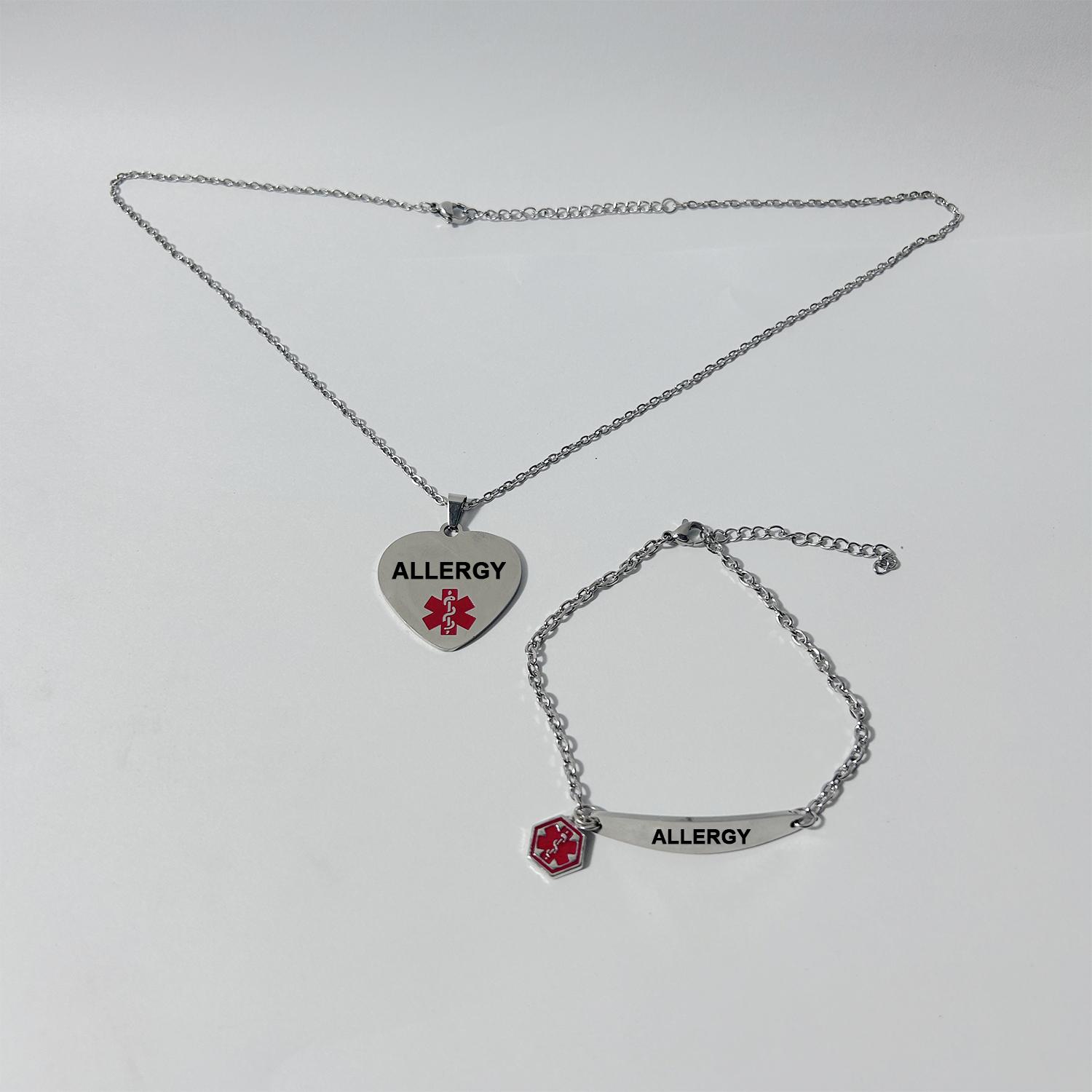 

A set of fashionable and simple ALLERGY snake staff necklace with warning words engraved on it, and an adjustable bracelet