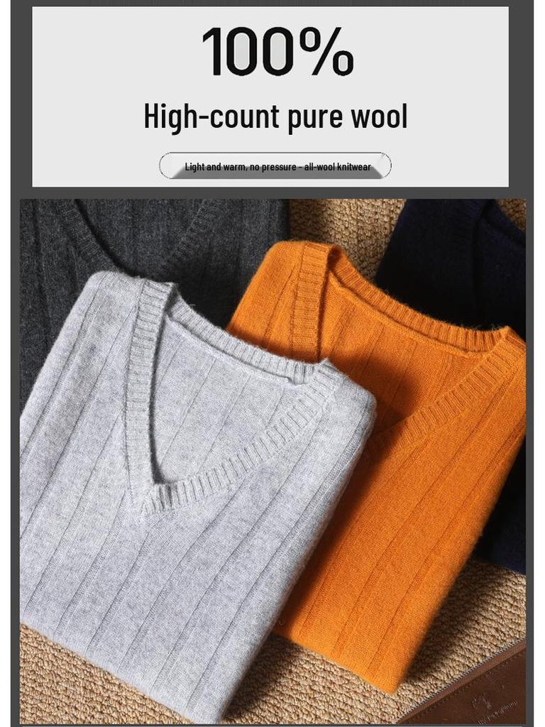 Men's 100% Pure Wool V-Neck Thickened Sleeveless Knit Vest - Solid Color, Ribbed, Slimming, Warm