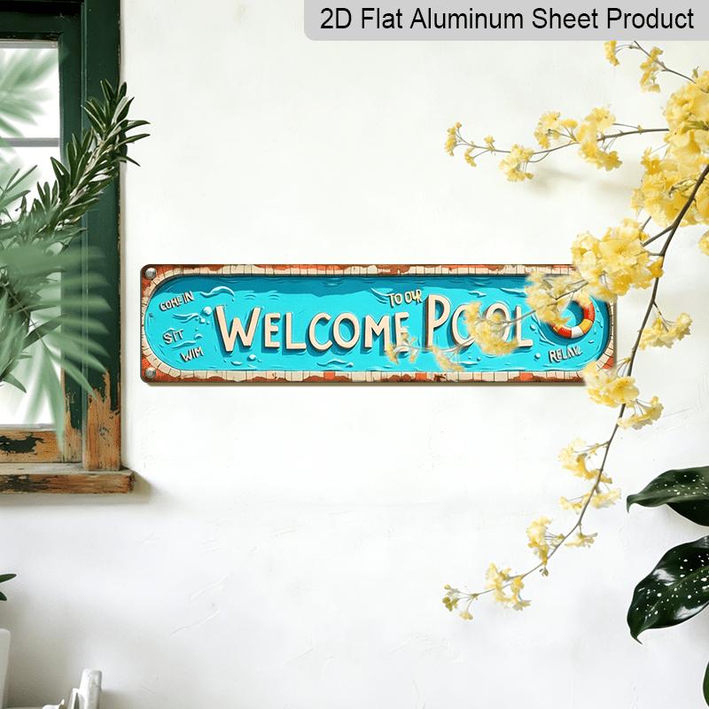2D Flat, 1pc Vintage Welcome Pool Metal Sign - Rustic Summer Party Themed Aluminium Decorative Sign, 15.7×3.94inch, for Indoor/Outdoor Use, Suitable