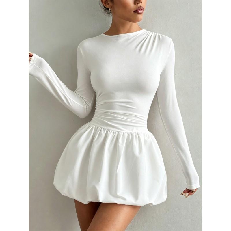 2026 Womens Slim Fit Long Sleeve Midi Dress With Elastic Puff Skirt Round Neck Stretch Milk Silk Fabric