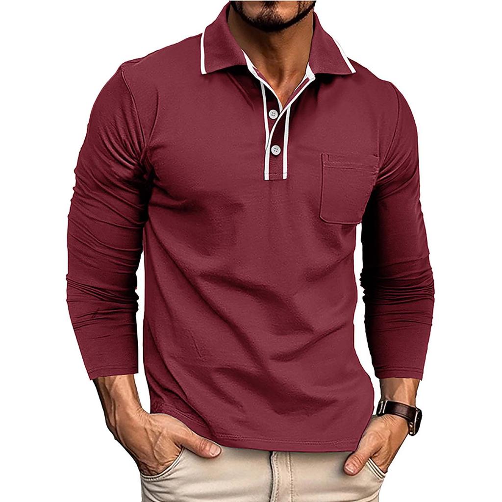 Men's Spring And Solid Color T-shirt Lapel 3 Button Open Placket Button Long Sleeved Top