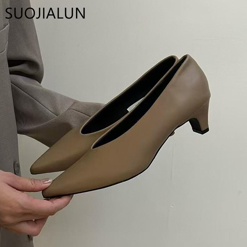 Fashion SUOJIALUN Spring Brand Women Pumps Shoes Fashion Pointed Toe Shallow Slip On Ladies Elegant Boat Shoes Thin Med Heel Single Shoe