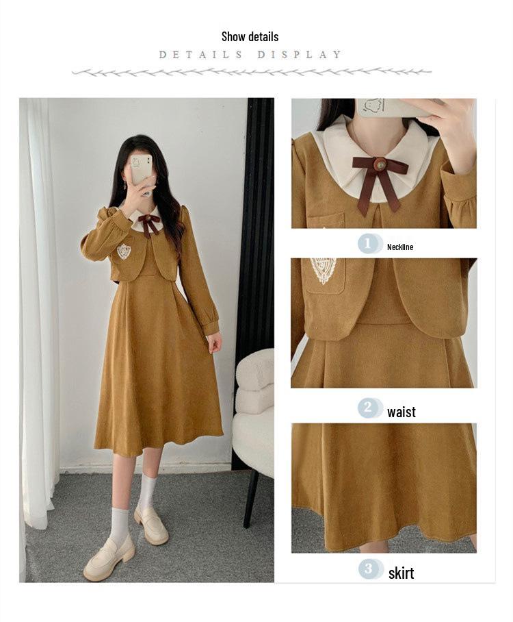 Butterfly Brooch Corduroy Dress: Women's Faux Two-Piece A-Line in French Academy Style for Autumn/Winter
