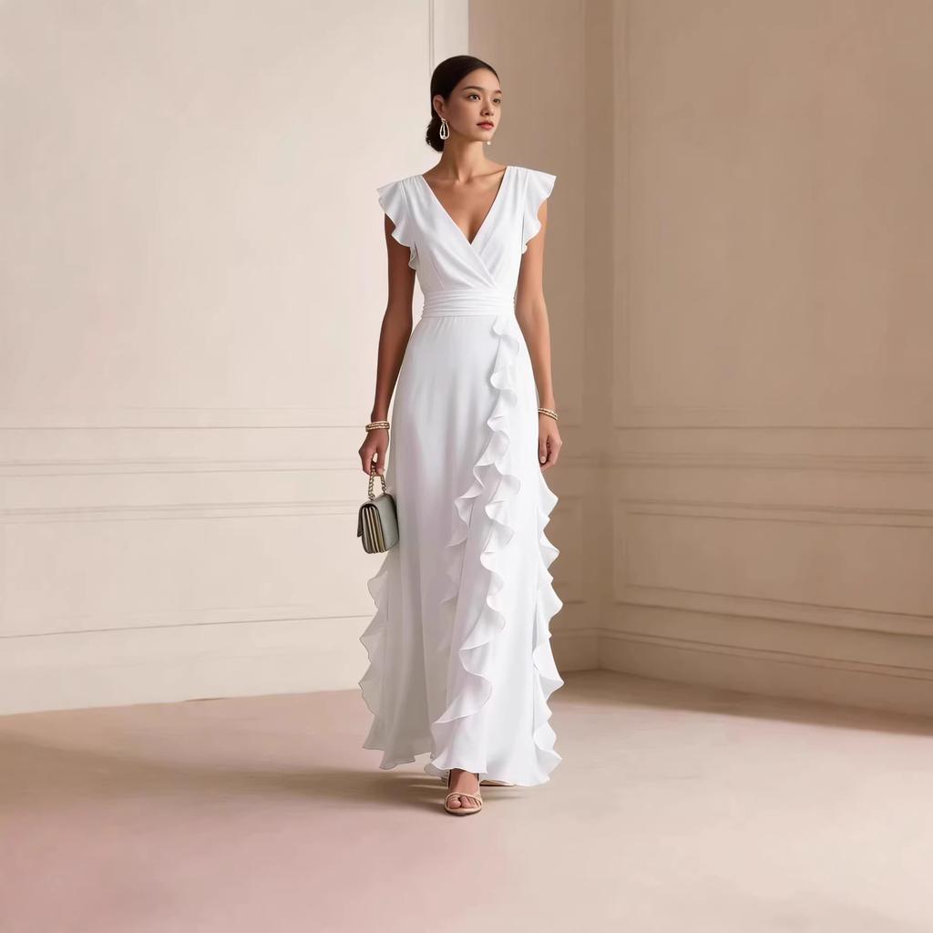 Women V Neck Sleeveless Ruffle Side Slit Maxi Dress Solid Beige