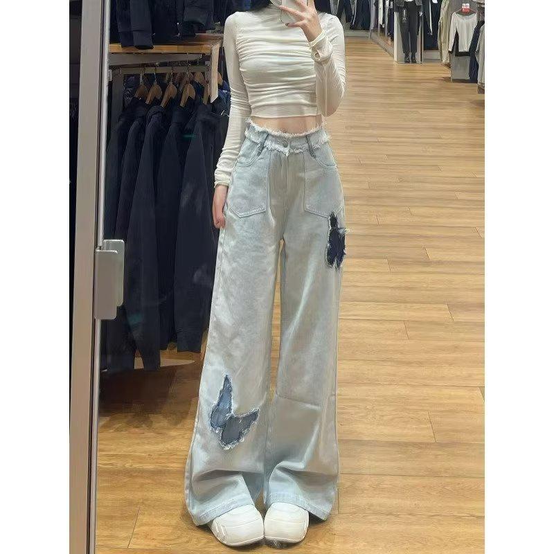 Women's Wide-Leg Raw-Edge Jeans with Butterfly Embroidery - Retro American Autumn Style