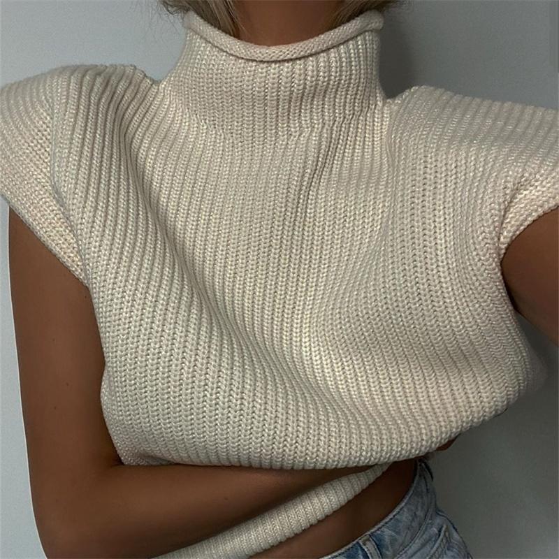 Pevný stojatý golier Pletená vesta s krátkym rukávom Office Lady All Match Fashion Vesta Košeľa Voľné Elegantné rovné topy