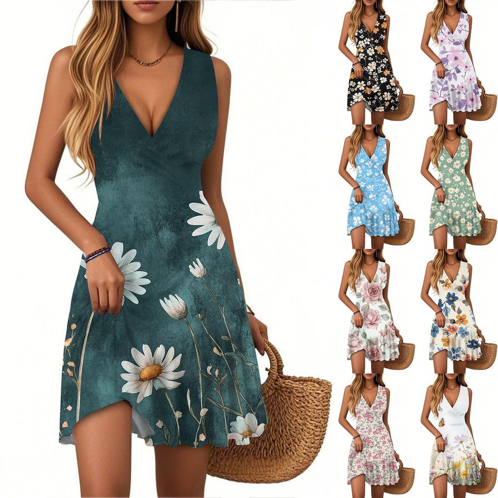 Women's Summer Dress V Neck Sleeveless Casual Floral Print Hem Pleated Dress