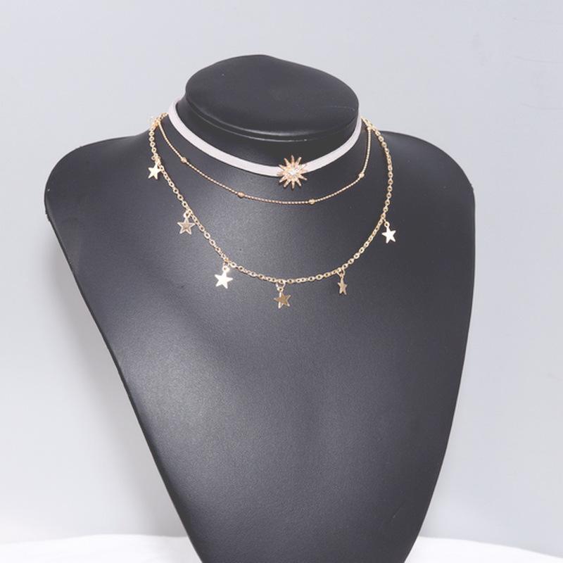 C031 Multi-layer Star Velvet Sliced Five-pointed Star Women's Collarbone Chain Sun Multi-layer Necklace Bead Chain