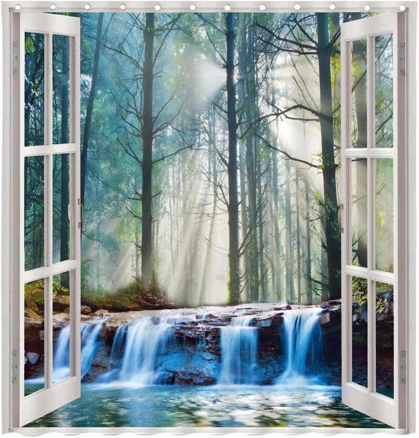 Autumn Outdoor Nature Scenery Shower Curtains Waterfall Forest Pine Tree Window View Fall Landscape Bathroom Decor Polyester