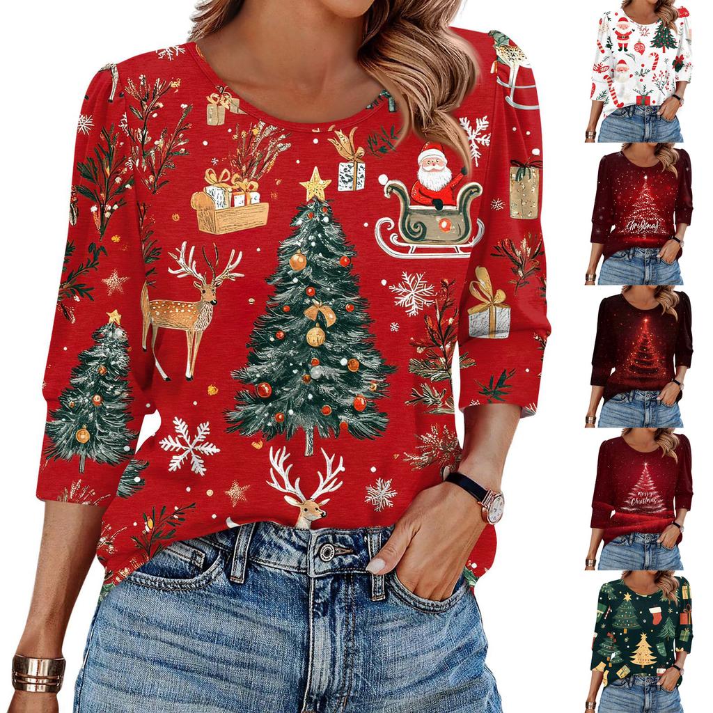 Women's Fashion Casual 3/4 Christmas Print Color Shirt Women's Round Neck Tops