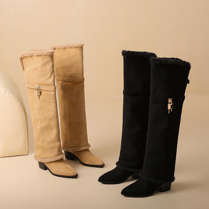 Krazing Pot Flock Pointed Toe Thick High Heels Thigh High Boots Size 46 Size 45 Slip On Plus Size Women Keep Warm Over-the-knee Boots