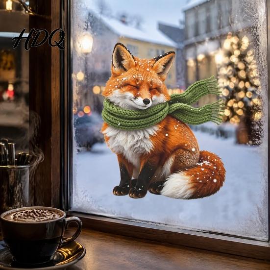 Transparent Window Film Fox Static Cling, Christmas Winter Glass Stickers, PVC Electrostatic Cling Sticker Decal for Home Door & Decoration, Removable