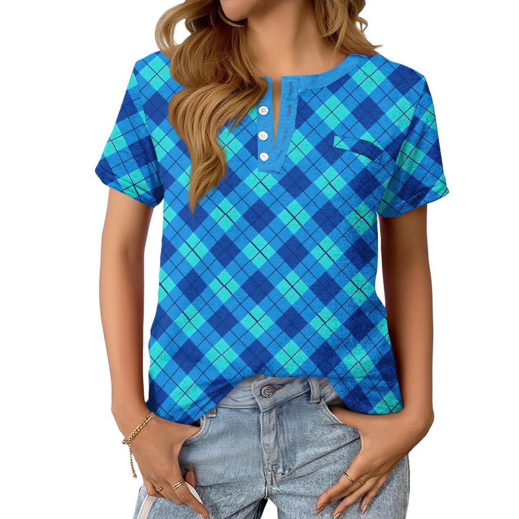 Modisches Lässiges Sommer-Karomuster V-Ausschnitt Knopf Kurzarm-Oberteil für Damen