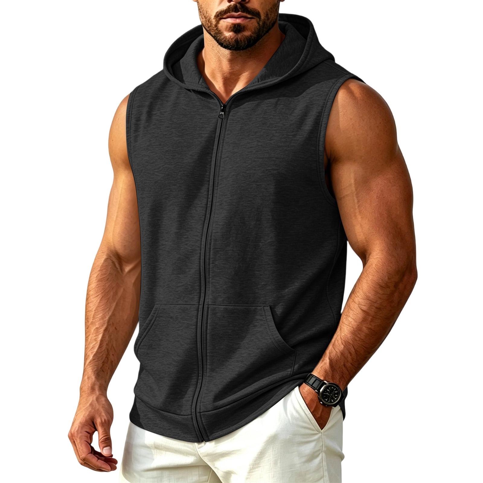 Men s Sleeveless Hoodie Zipper Front Pocket Lightweight Breathable Gym Workout Vest Casual Outdoor Sportswear XL чёрный