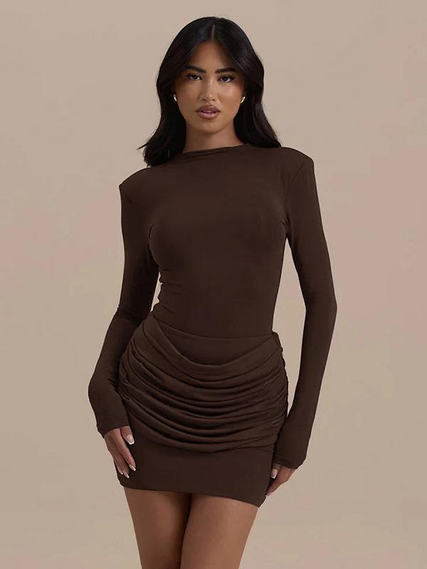 Women's Slim-Fit Pleated Dress: Long Sleeve, Waist-Cinching, Solid Color, Hip-Hugging Design