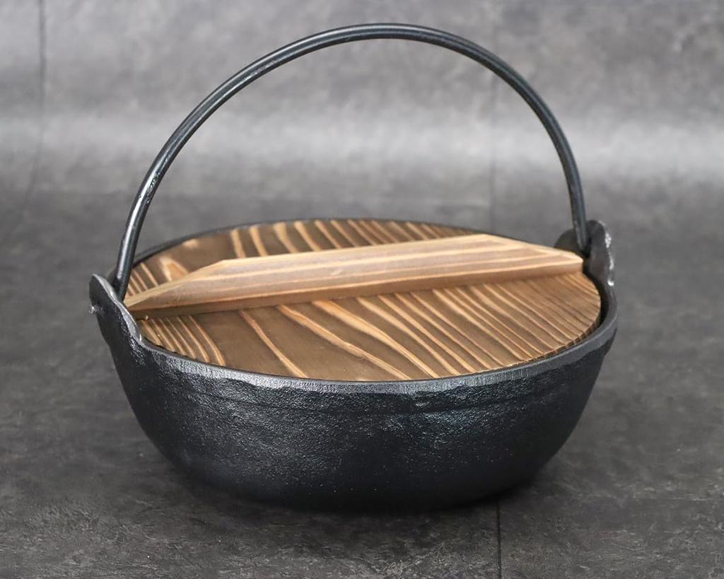 Asahi Irori Black 24cm with Wooden Lid and IH Commercial Use Pot, Enamel, (2L Capacity), (Gas Compatible),