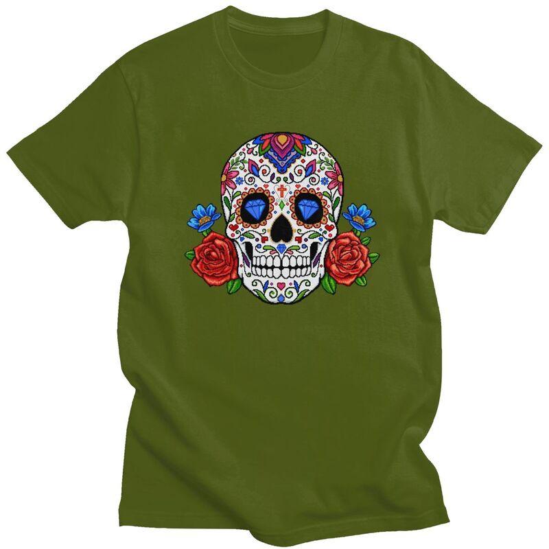 Custom Mexican Flower Rose Skull T Shirt for Men Pure Cotton Tshirt Fashion Tees Tshirt Clothing