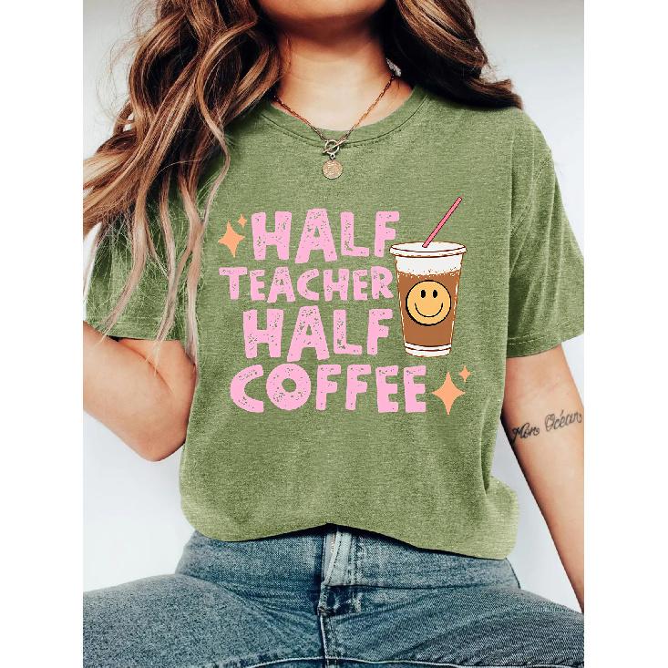 Half Teacher Half Coffee Printed women s clothing T Shirt | Teacher s Fun Coffee-Themed Round-Neck Short-Sleeve Shirt | Retro casual style cute top | S трава зеленый