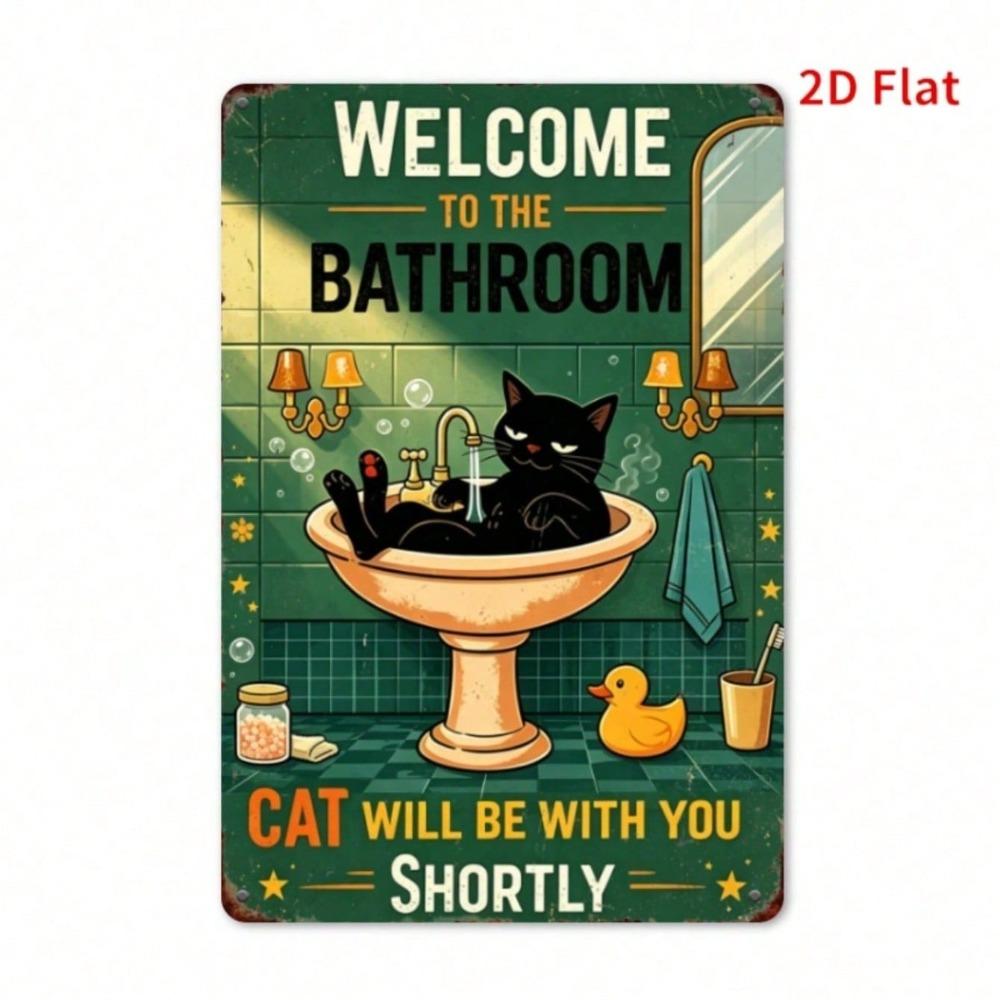 Vintage Black Cat Tin Sign, Funny Bathroom Decor, Restroom Plaque, Retro Rustic Bathtub Art