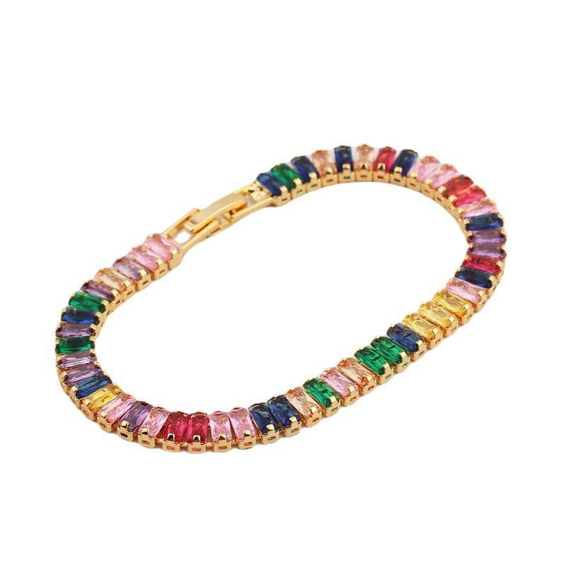 Gold Plated Rainbow Baguette CZ Tennis Bracelet – Luxury Colorful Gemstone Jewelry, Sparkle Gift for Women