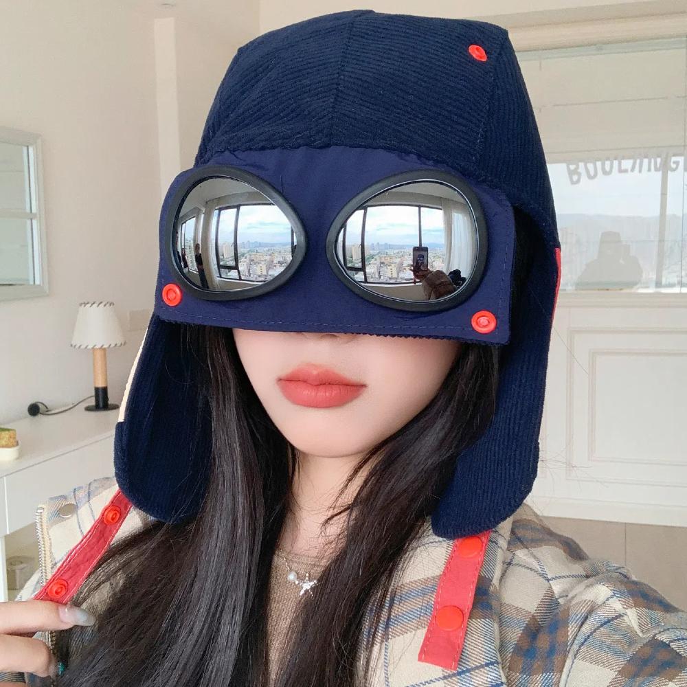 

Шапки-ушанки нового стиля, шапка с защитой ушей, модная шапка в стиле пилота с солнцезащитными очками, уличная зимняя шапка для женщин, шапки 56cm-60cm темно-синий