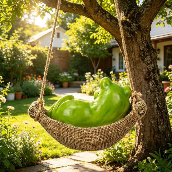 Hanging Frog Figurine, Resin Hammock Frog Ornament Holding Beer Mug, Garden Cute Frog Statue for Patio Balcony Decoration