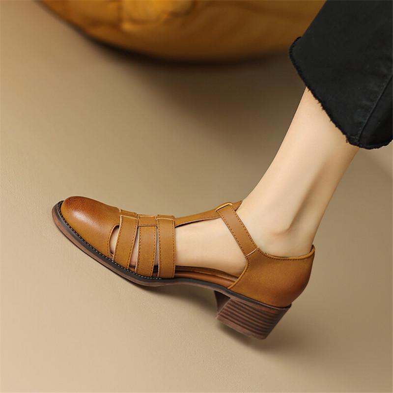 Fashion 2025 New Summer Sandals Split Leather French Retro Woman Shoes Chunky Heel Round Toe Sandals Shoes Handmade Casual Women Pumps