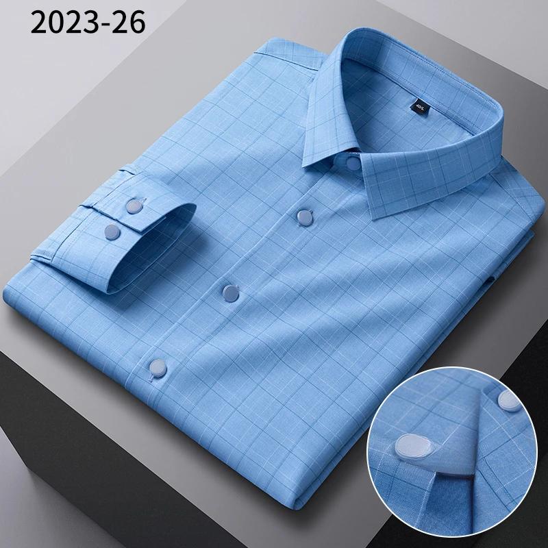 Bamboo fiber elastic plaid casual long sleeve shirts for men slim fit formal shirt soft easy-care fashion korean office clothes