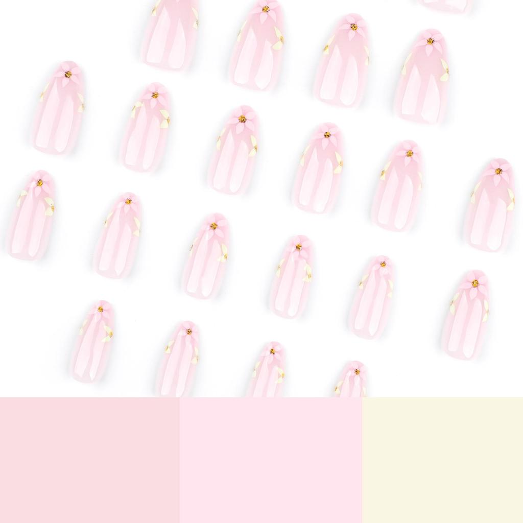 Spring Summer Floral Nail Art: Short Almond Fake Nails