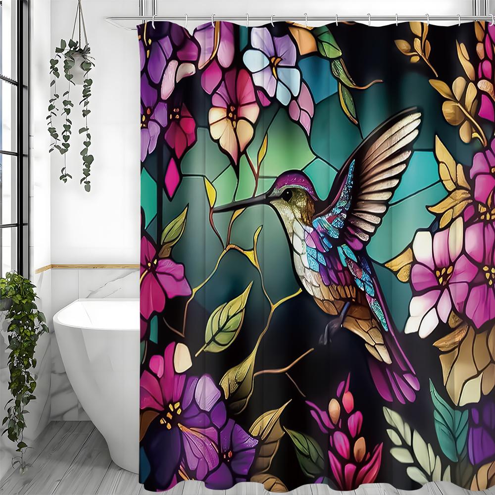 Hummingbird floral shower curtain, bathroom decorative shower curtain, waterproof shower curtain with hooks