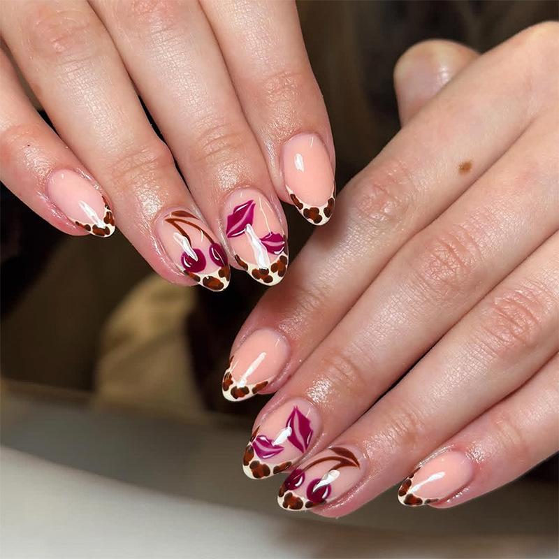 24 Stück Rosa Press-on-Nägel Kunst Leopardenmuster Französisch Lang Mandel Form Falsche Nagelspitzen Fertig Tragbar Schleife Kirsche Design Falschnagel Set