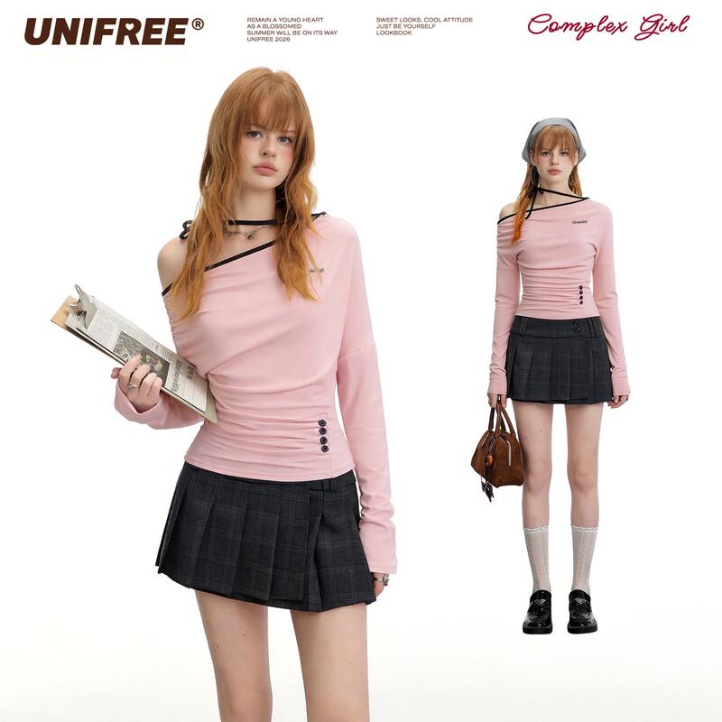 UNIFREE Stylish Color Block One-Shoulder Long Sleeve T-Shirt L