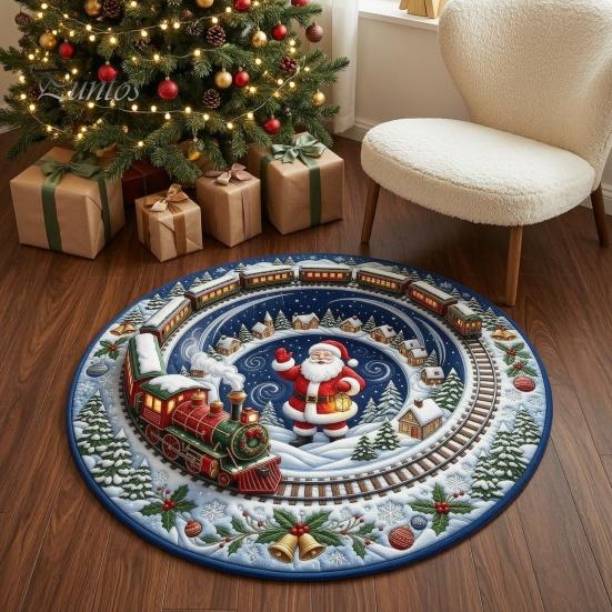 Indoor Decorative Floor Covering Round 3D Christmas Rug, Vortex Optical Illusion Area Santa Snowman Staircase Quiet Play Mat for Kids Depth