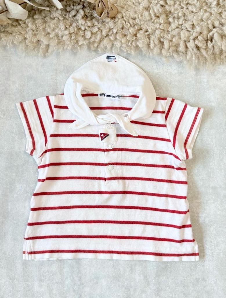 [USED] Familiar 2 piece set, red check dress, sailor collar, striped, size 90
