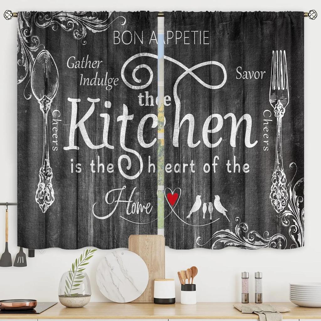 2pcs Farmhouse Kitchen Curtains Rustic Country Short Fork and Spoon Knife Savor Vintage Cafe Curtains For Bedroom Living Room