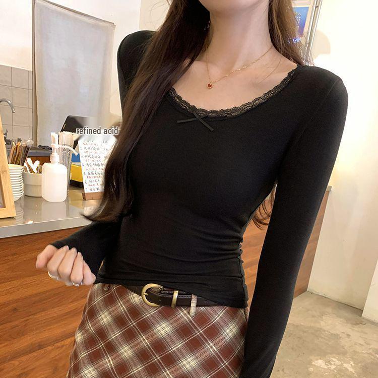 French Chic Lace Long Sleeve T-Shirt: Sweet, Cool, Spicy Collarbone Style, and Waist-Showing Korean Women's Autumn/Winter Top