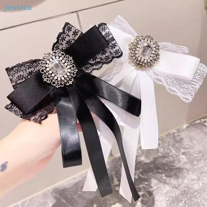 Broche de Lazo Largo de Encaje Estilo Coreano con Pedrería para Mujer Pajarita Corbata Pin para Cuello de Camisa