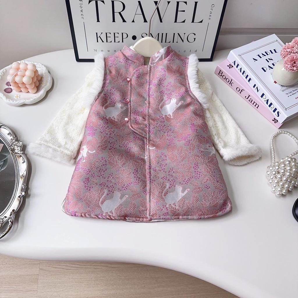 Girls' Sleeveless Qipao Winter Dress - Warm Cotton-Padded Chinese Style Tang Suit (Model AWA751)