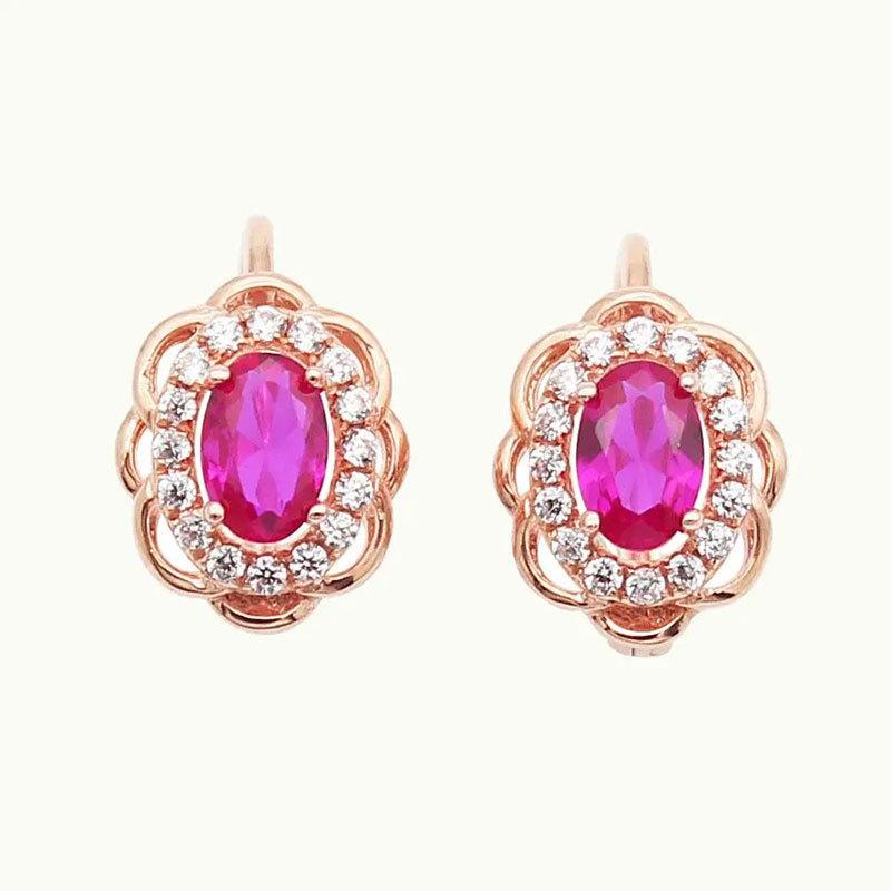 Rose Gold Plated Inlaid Flower Red Stone Purple Gold Simple Temperament Fashion Colored Gold Earrings
