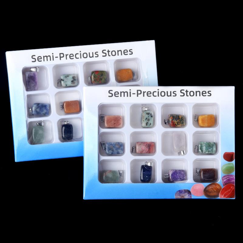Semi Precious Stone Pendant Set Mixed Natural Gemstone Rectangle Pendant Necklace Charm Jewelry Gift Box