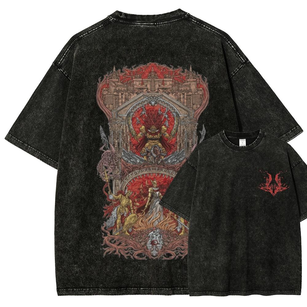 T-shirt Lavé Elden Ring 2026 Nouveau Modèle personnalité Vêtements chemise Vêtement toute saison Mode Rétro Vintage Ample cadeau haute qualité Respirant S gray