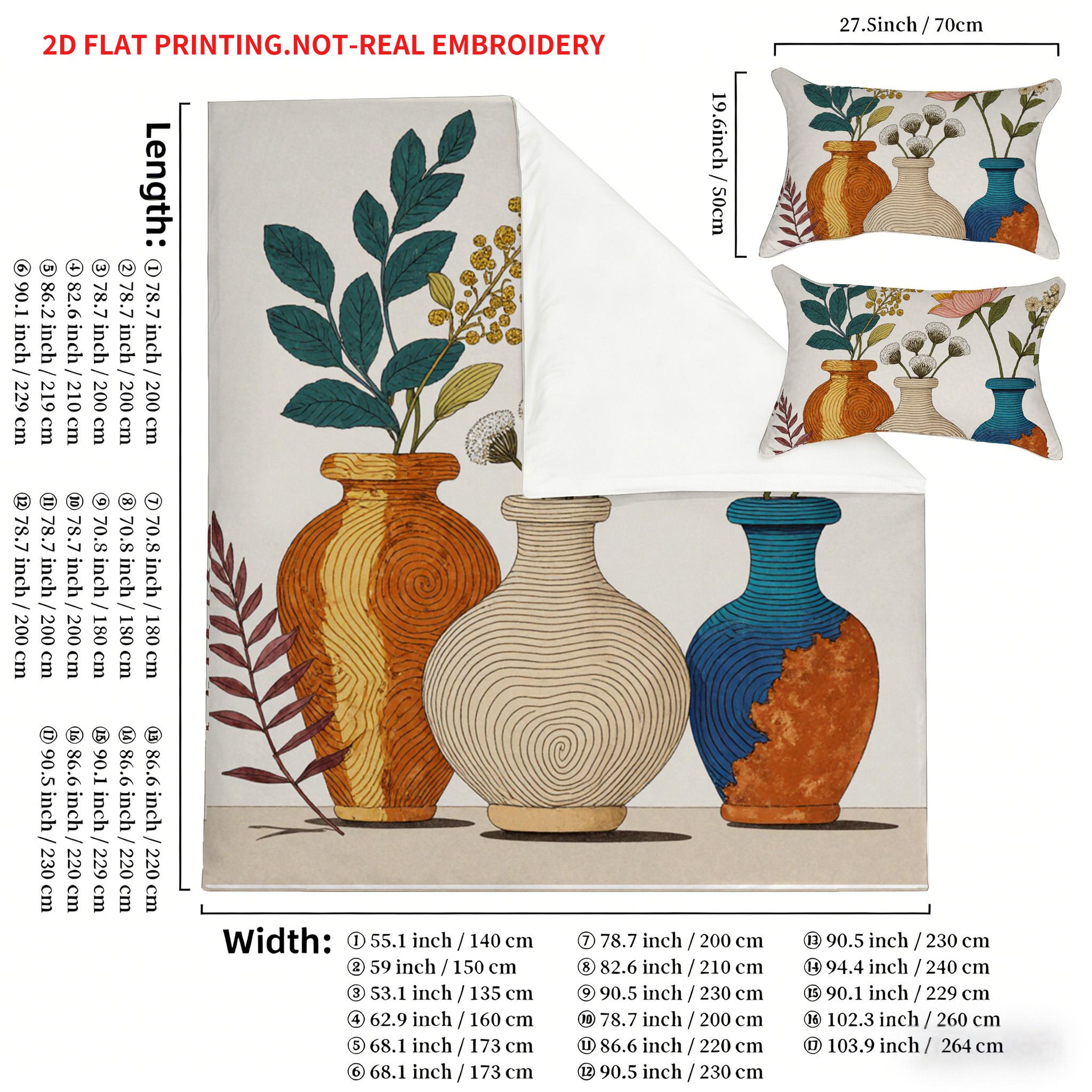 Pillowcase quilt cover three-piece set, retro line drawing vase flower arrangement pattern, literary niche, machine washable 135x200cm