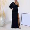 Yousheng Lady Evening Dress Pleated High Slit Deep V Neck Baggy Asymmetric Design Floor Length One Shoulder Maxi Dress Ball Gown Cocktail Party