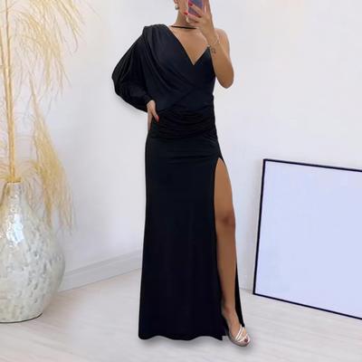 Yousheng Lady Evening Dress Pleated High Slit Deep V Neck Baggy Asymmetric Design Floor Length One Shoulder Maxi Dress Ball Gown Cocktail Party