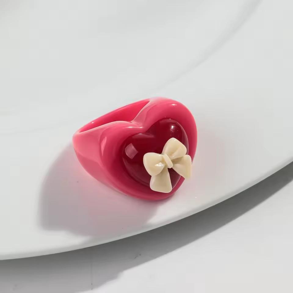 Cute Chunky Heart Acrylic Finger Rings for Women Trendy Multicolor Resin Love Bowknot Stack Ring for Women Party Jewelry Gifts