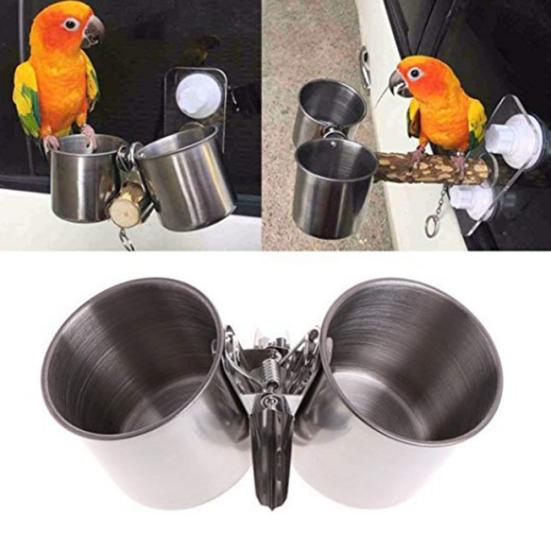Metal Bird Parrot Feeder Food Water Feeding Bowl Pet Cage Clip Cup Dispenser