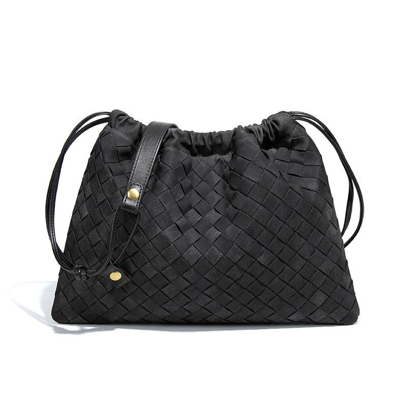 New Retro Handbag for Women, All Hand Woven Pleated Drawstring Frosted Cloud Bag, Single Shoulder Crossbody Small Square Bag