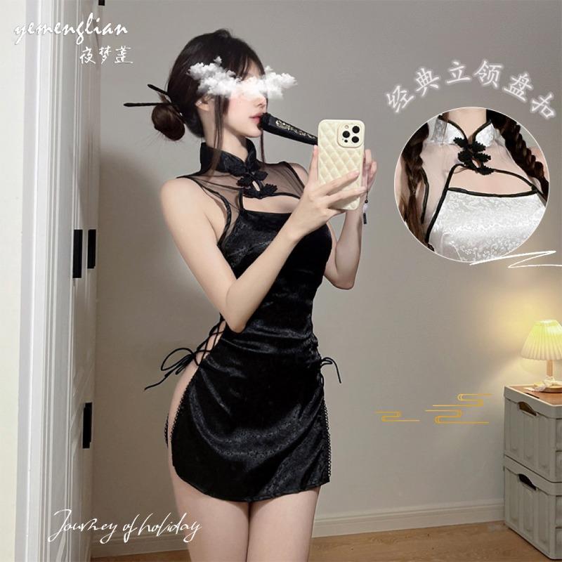 Sexy Lingerie Sexy Perspective Stand-up Collar Cheongsam Temptation Side Open Straps Passion Uniform Retro Style Suit